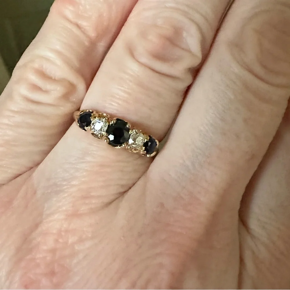 Antique 18K Gold Sapphire & Old Mine Diamond Victorian 5-Stone Ring Size 5.5 - Picture 7 of 15